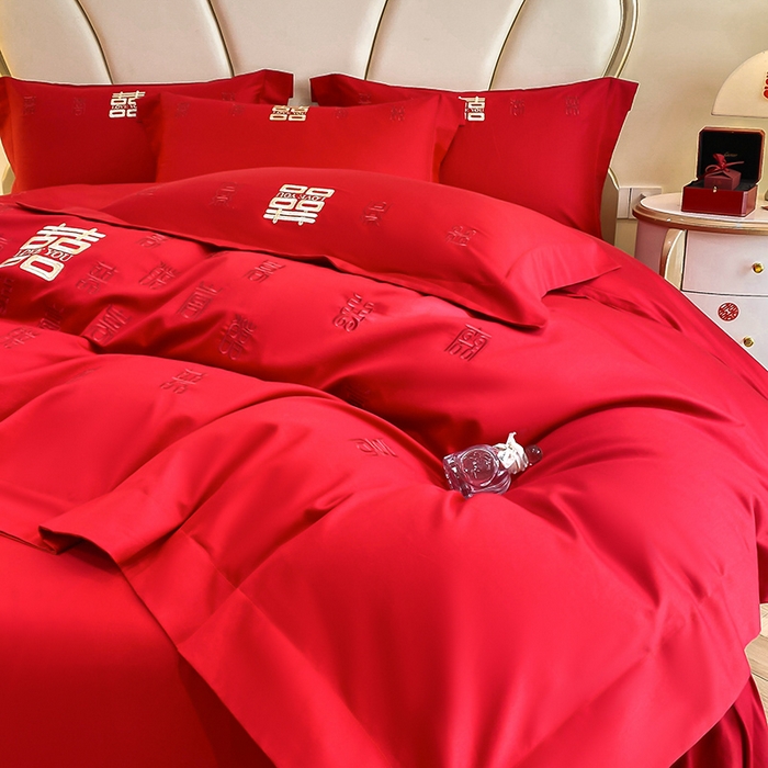 91家纺网 家纺一手货源 找家纺 置顶家纺 2025新款亲肤磨毛刺绣婚庆四件套系列-棚拍 百喜图-大红