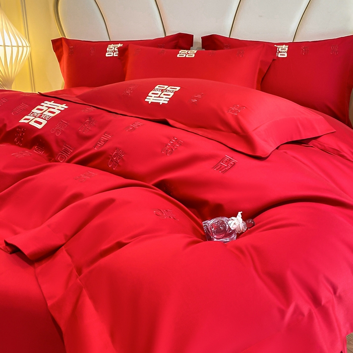 91家纺网 家纺一手货源 找家纺 置顶家纺 2025新款亲肤磨毛刺绣婚庆四件套系列-棚拍 百喜图-大红