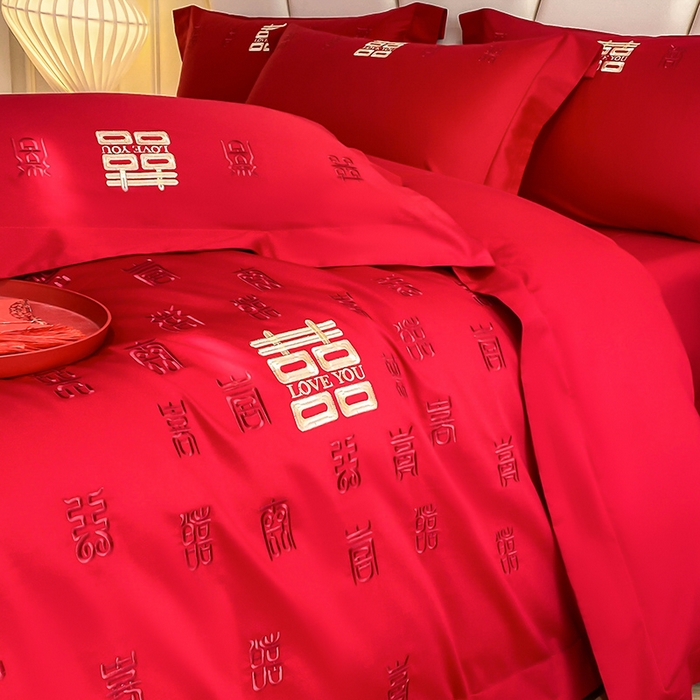 91家纺网 家纺一手货源 找家纺 置顶家纺 2025新款亲肤磨毛刺绣婚庆四件套系列-棚拍 百喜图-大红