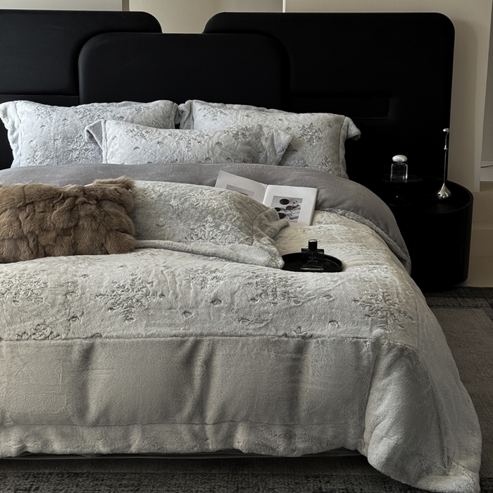 丞音家纺 2025秋冬新款A类轻奢皮草绒加厚水貂绒保暖牛奶绒床上用品珊瑚绒四件套床单被套 路易斯-高级灰