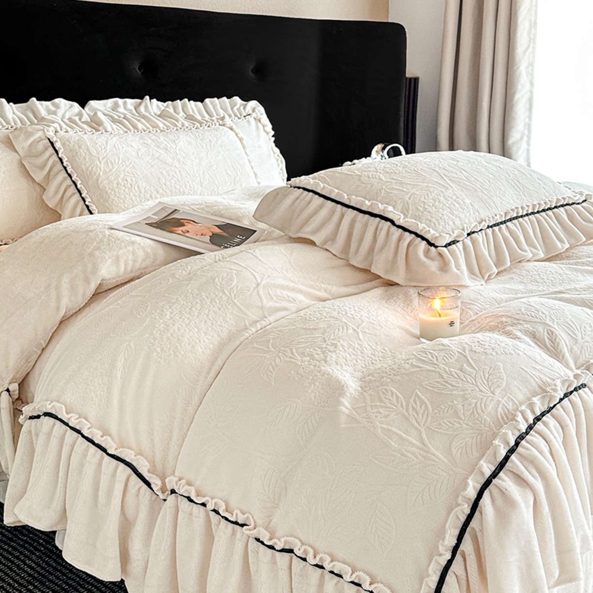 91家纺网 家纺一手货源 找家纺 诺梵家纺 2025新款花边款雕花牛奶绒四件套 幸福花-米白