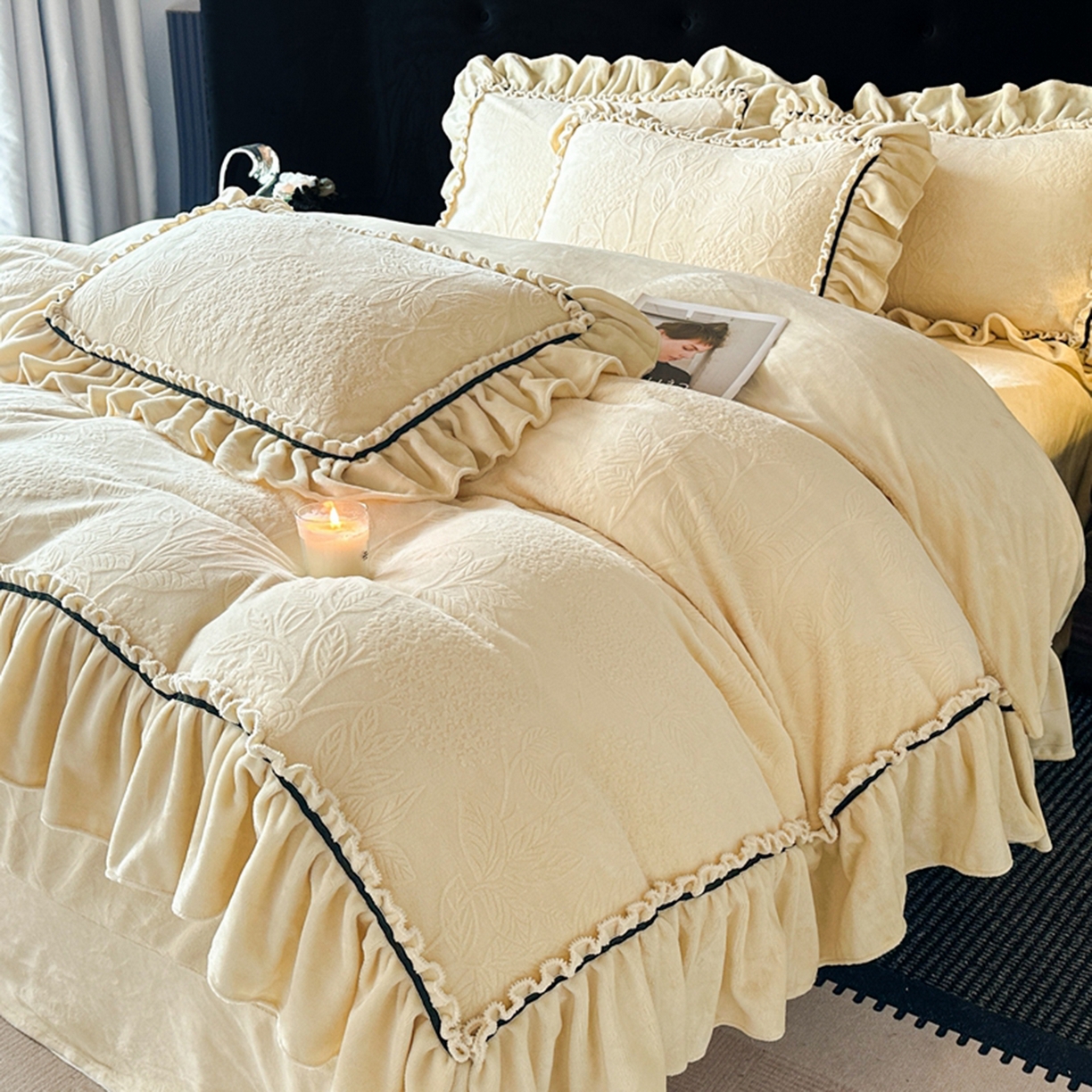 91家纺网 家纺一手货源 找家纺 诺梵家纺 2025新款花边款雕花牛奶绒四件套 幸福花-黄