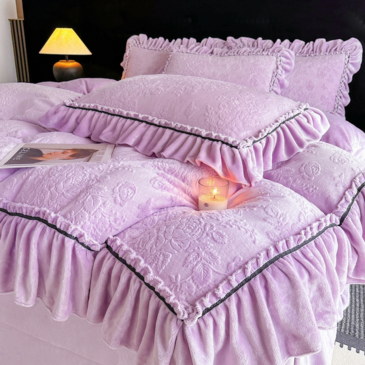 诺梵家纺 2025新款花边款雕花牛奶绒四件套 芊黛-紫