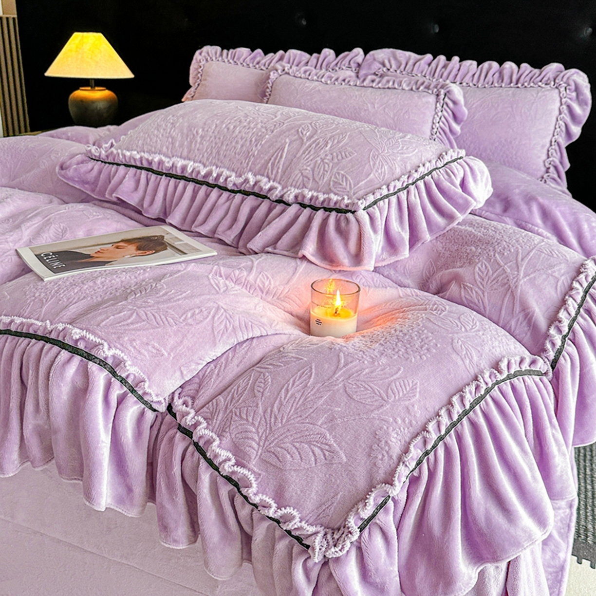 诺梵家纺 2025新款花边款雕花牛奶绒四件套 幸福花-紫
