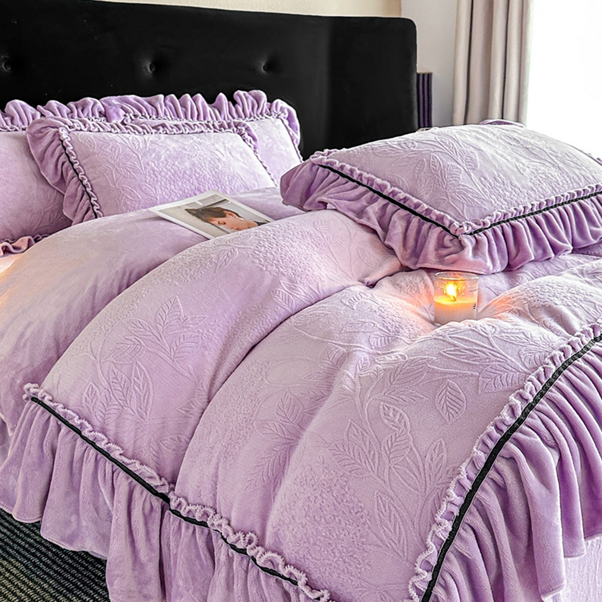 91家纺网 家纺一手货源 找家纺 诺梵家纺 2025新款花边款雕花牛奶绒四件套 幸福花-紫