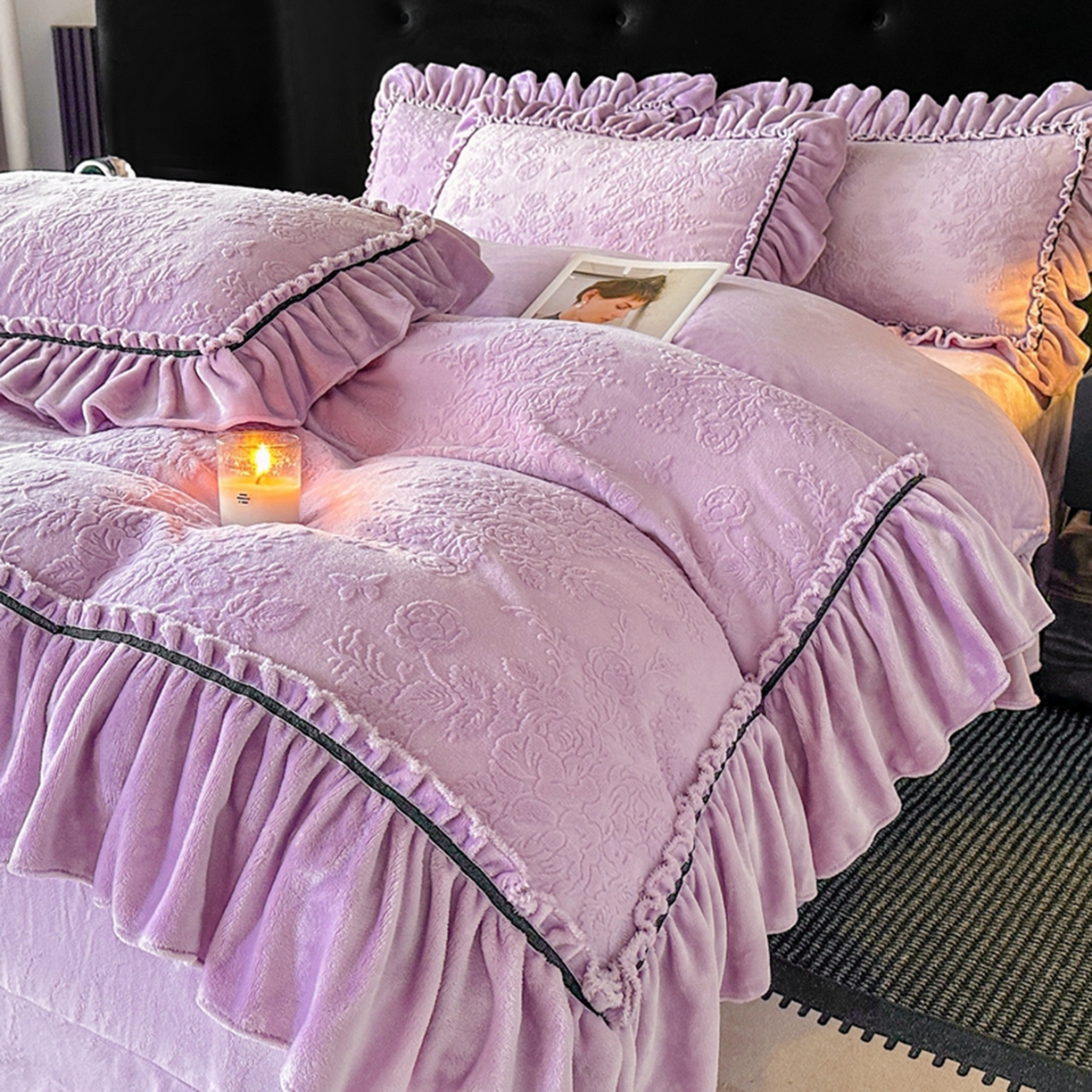 91家纺网 家纺一手货源 找家纺 诺梵家纺 2025新款花边款雕花牛奶绒四件套 芊黛-紫
