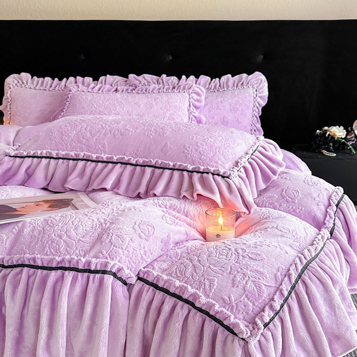 91家纺网 家纺一手货源 找家纺 诺梵家纺 2025新款花边款雕花牛奶绒四件套 芊黛-紫