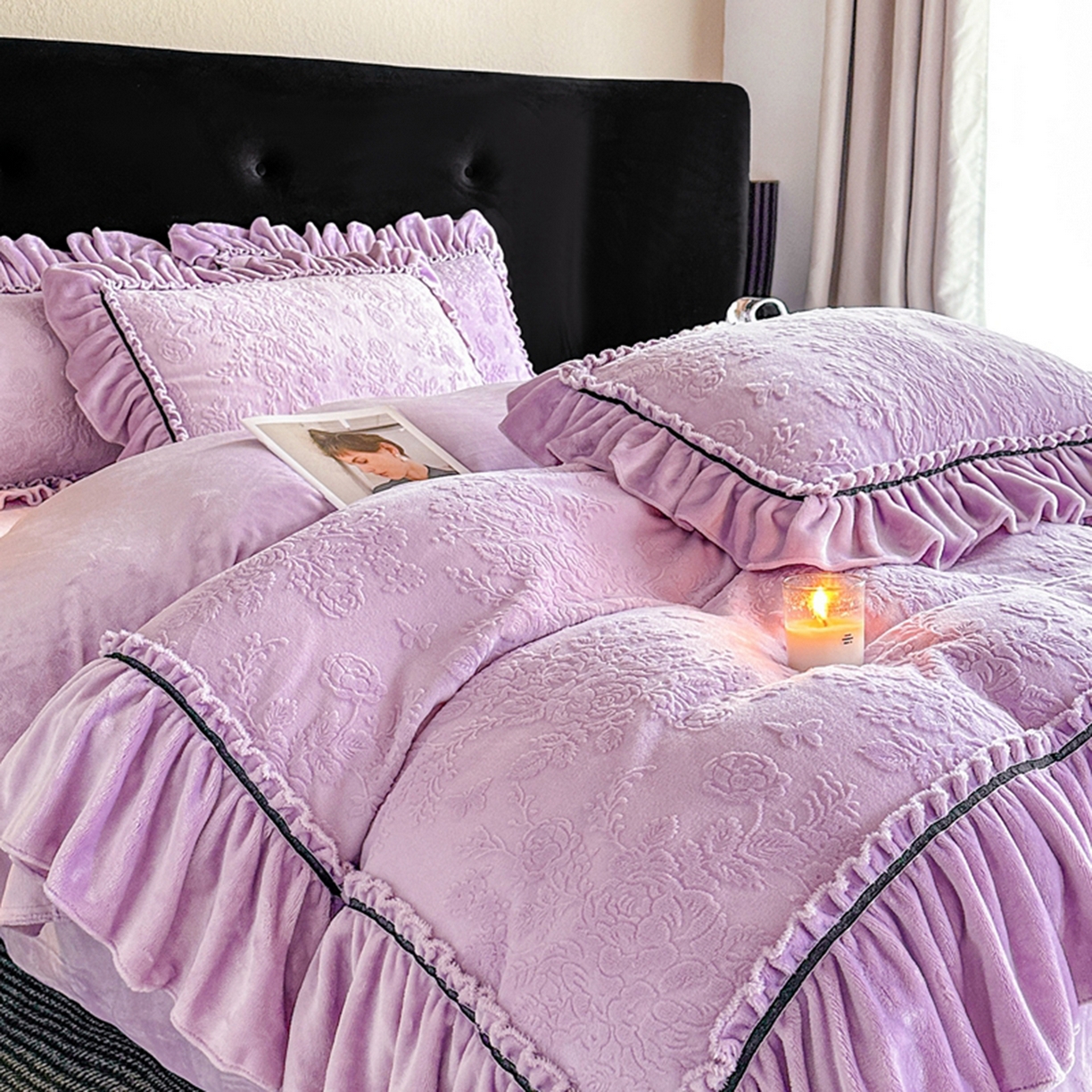 91家纺网 家纺一手货源 找家纺 诺梵家纺 2025新款花边款雕花牛奶绒四件套 芊黛-紫