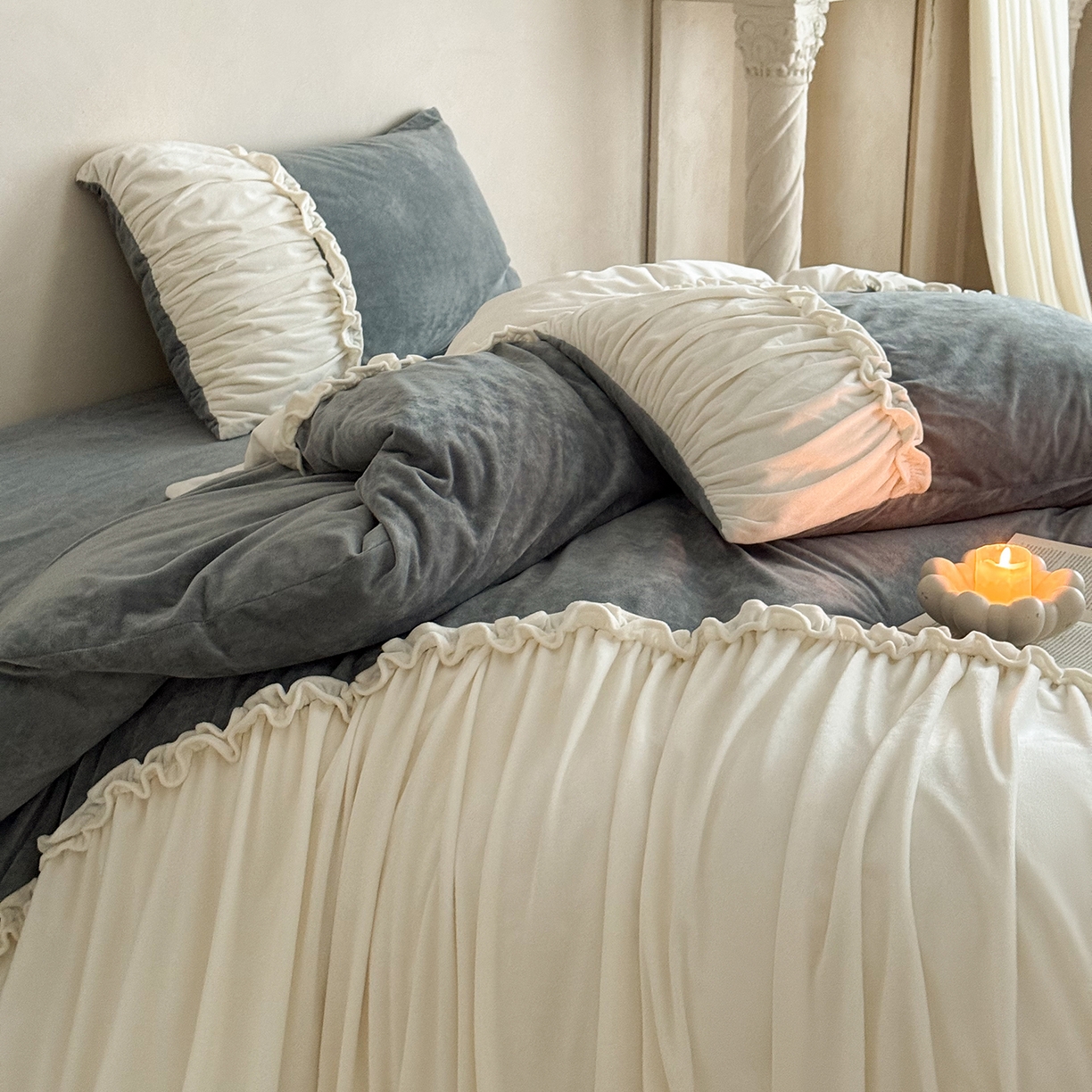 91家纺网 家纺一手货源 找家纺 ONE TWO ONE 121 2025新款轻奢新法式德芙绒宝宝绒婴儿绒短毛绒牛奶绒四件套床单被套-安妮 安妮-灰