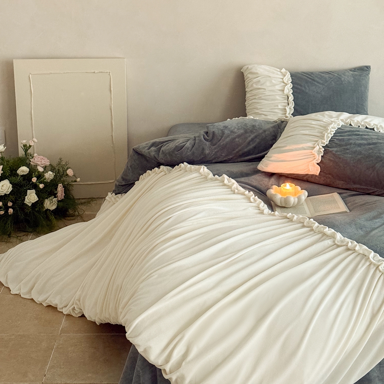 91家纺网 家纺一手货源 找家纺 ONE TWO ONE 121 2025新款轻奢新法式德芙绒宝宝绒婴儿绒短毛绒牛奶绒四件套床单被套-安妮 安妮-灰