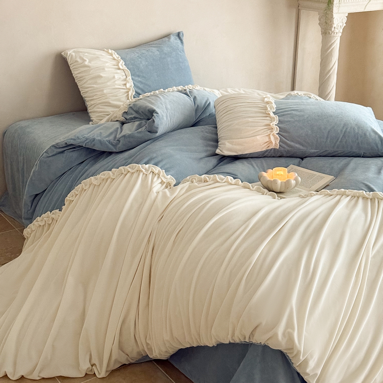 91家纺网 家纺一手货源 找家纺 ONE TWO ONE 121 2025新款轻奢新法式德芙绒宝宝绒婴儿绒短毛绒牛奶绒四件套床单被套-安妮 安妮-蓝