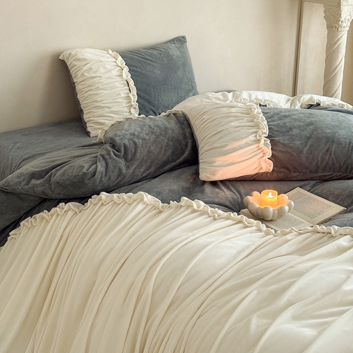 91家纺网 家纺一手货源 找家纺 ONE TWO ONE 121 2025新款轻奢新法式德芙绒宝宝绒婴儿绒短毛绒牛奶绒四件套床单被套-安妮 安妮-灰