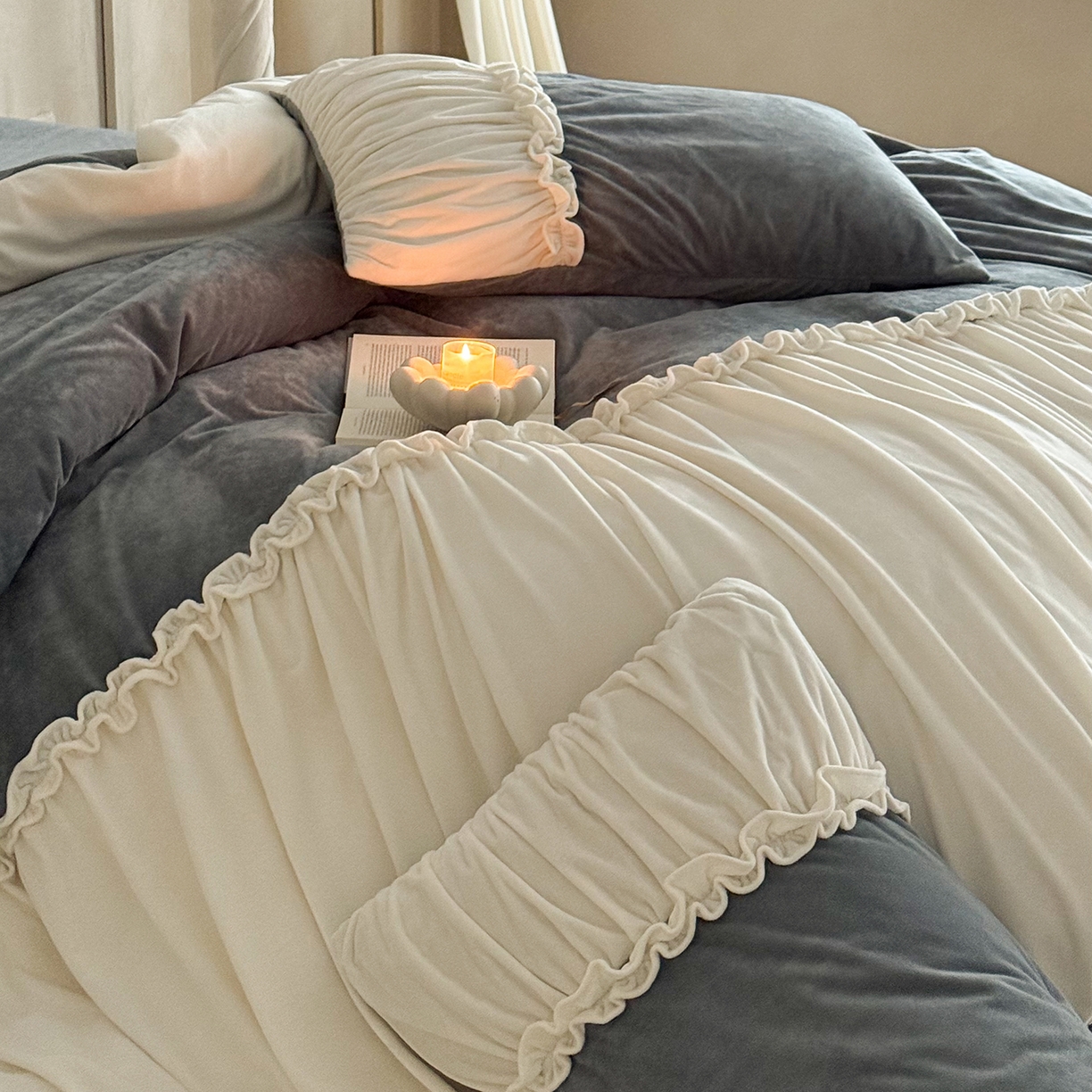 91家纺网 家纺一手货源 找家纺 ONE TWO ONE 121 2025新款轻奢新法式德芙绒宝宝绒婴儿绒短毛绒牛奶绒四件套床单被套-安妮 安妮-灰