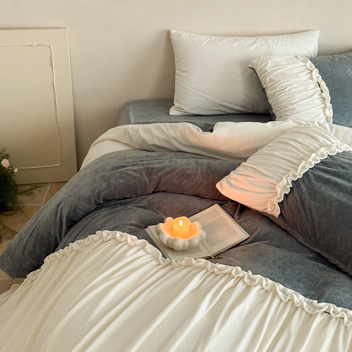 91家纺网 家纺一手货源 找家纺 ONE TWO ONE 121 2025新款轻奢新法式德芙绒宝宝绒婴儿绒短毛绒牛奶绒四件套床单被套-安妮 安妮-灰