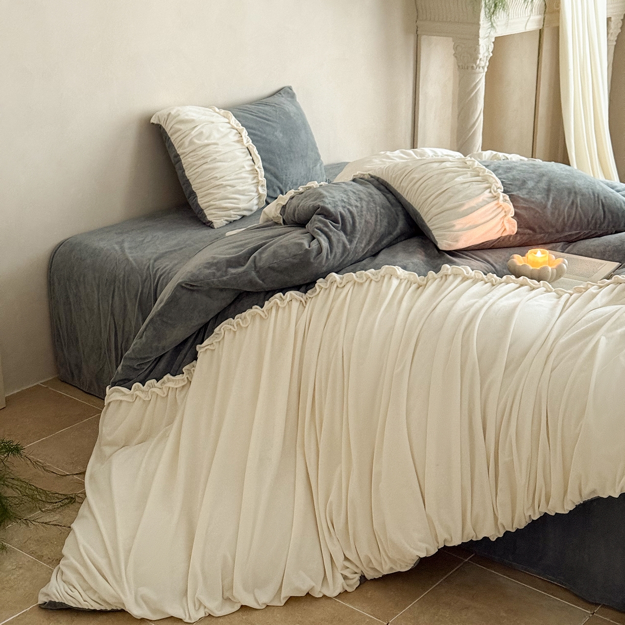 91家纺网 家纺一手货源 找家纺 ONE TWO ONE 121 2025新款轻奢新法式德芙绒宝宝绒婴儿绒短毛绒牛奶绒四件套床单被套-安妮 安妮-灰