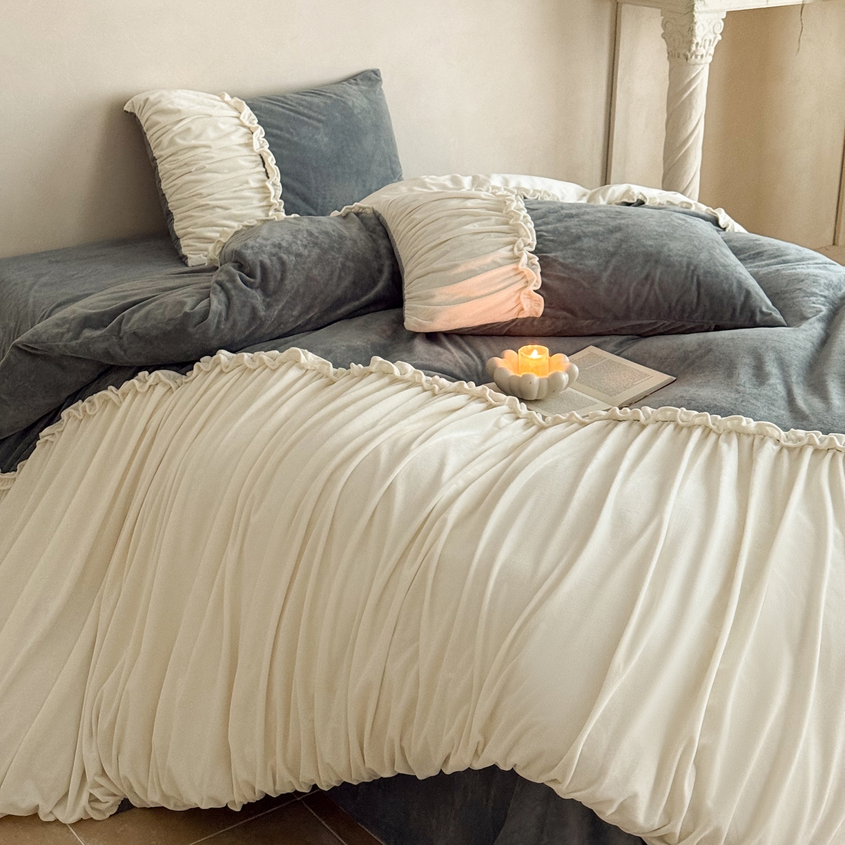 91家纺网 家纺一手货源 找家纺 ONE TWO ONE 121 2025新款轻奢新法式德芙绒宝宝绒婴儿绒短毛绒牛奶绒四件套床单被套-安妮 安妮-灰