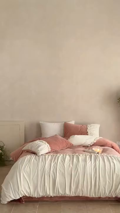 91家纺网 家纺一手货源 找家纺 ONE TWO ONE 121 2025新款轻奢新法式德芙绒宝宝绒婴儿绒短毛绒牛奶绒四件套床单被套-安妮 安妮-粉