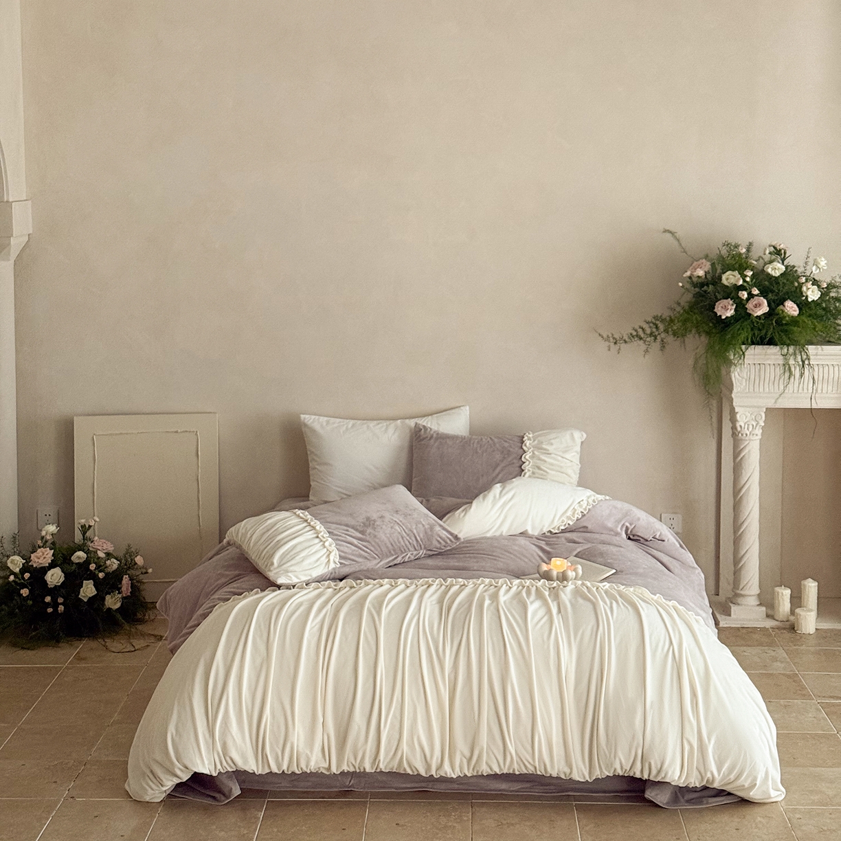 91家纺网 家纺一手货源 找家纺 ONE TWO ONE 121 2025新款轻奢新法式德芙绒宝宝绒婴儿绒短毛绒牛奶绒四件套床单被套-安妮 安妮-紫