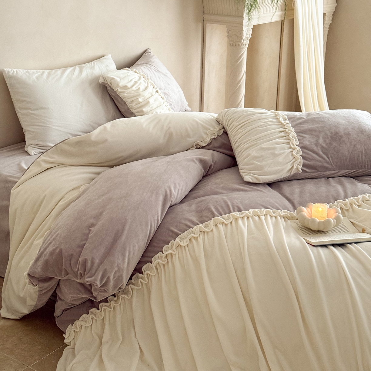 91家纺网 家纺一手货源 找家纺 ONE TWO ONE 121 2025新款轻奢新法式德芙绒宝宝绒婴儿绒短毛绒牛奶绒四件套床单被套-安妮 安妮-紫