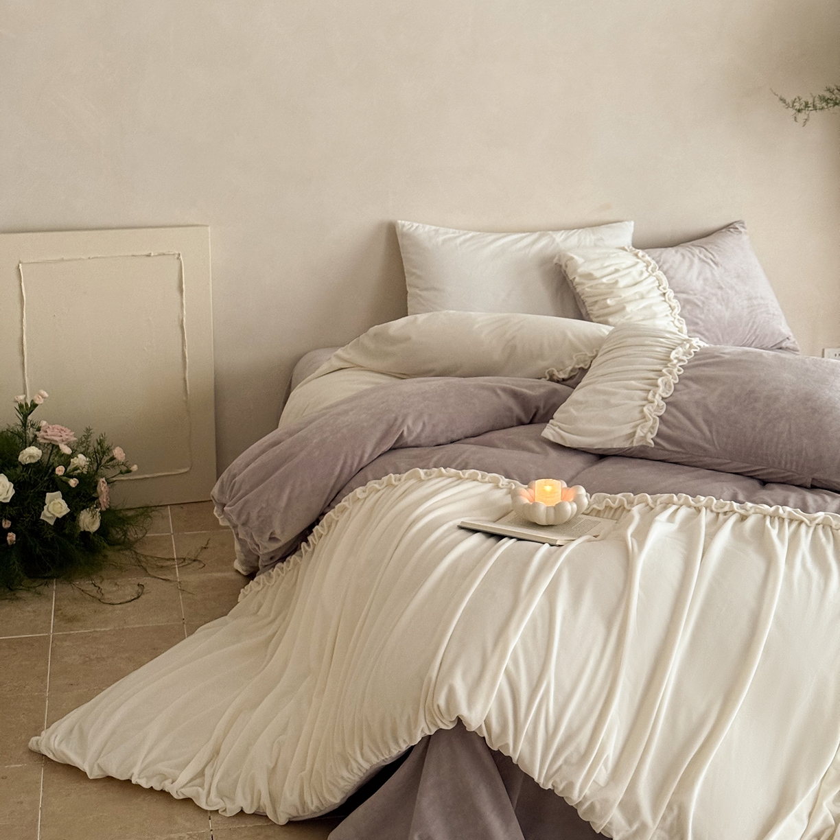 91家纺网 家纺一手货源 找家纺 ONE TWO ONE 121 2025新款轻奢新法式德芙绒宝宝绒婴儿绒短毛绒牛奶绒四件套床单被套-安妮 安妮-紫