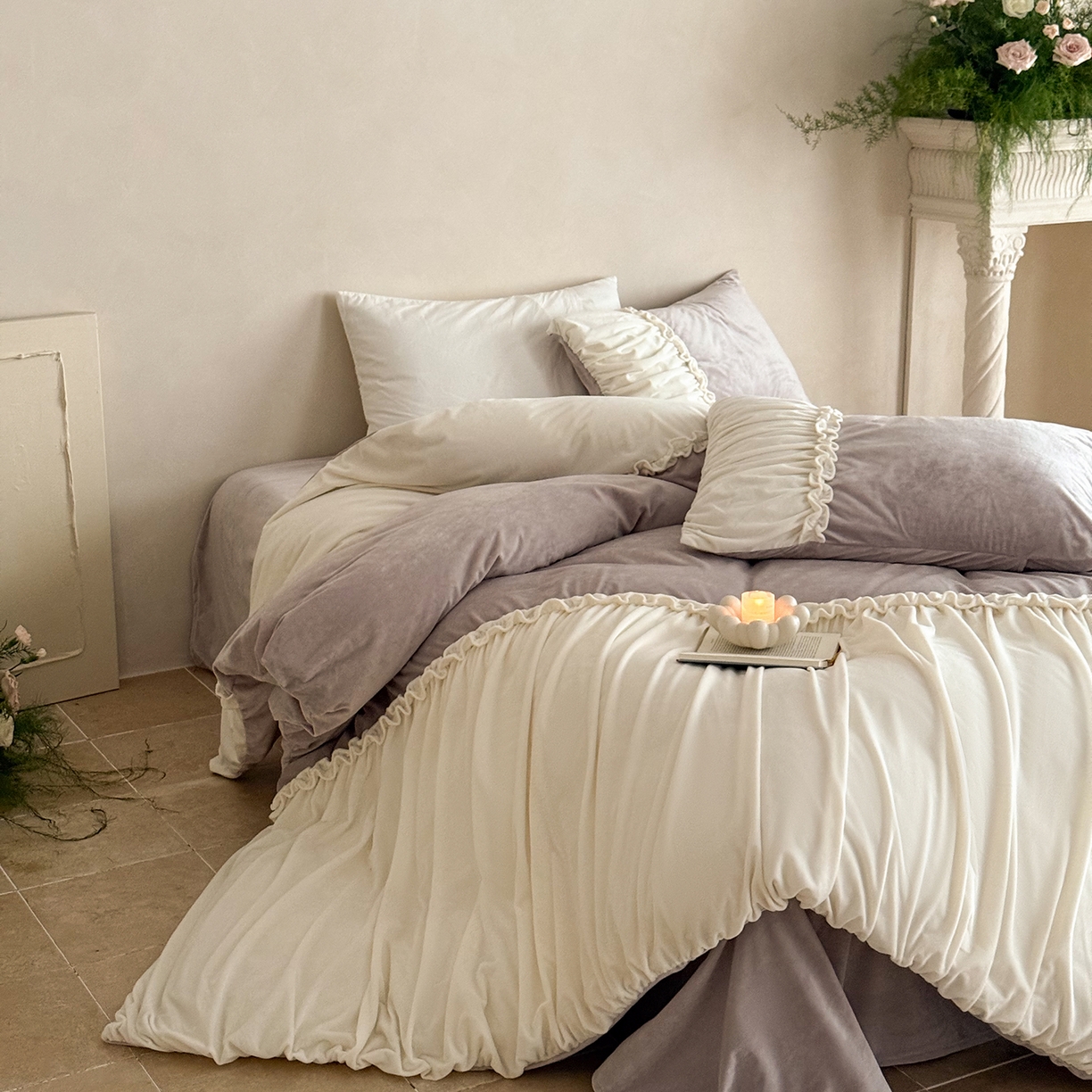 91家纺网 家纺一手货源 找家纺 ONE TWO ONE 121 2025新款轻奢新法式德芙绒宝宝绒婴儿绒短毛绒牛奶绒四件套床单被套-安妮 安妮-紫