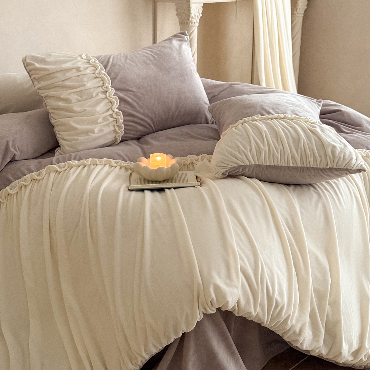 91家纺网 家纺一手货源 找家纺 ONE TWO ONE 121 2025新款轻奢新法式德芙绒宝宝绒婴儿绒短毛绒牛奶绒四件套床单被套-安妮 安妮-紫