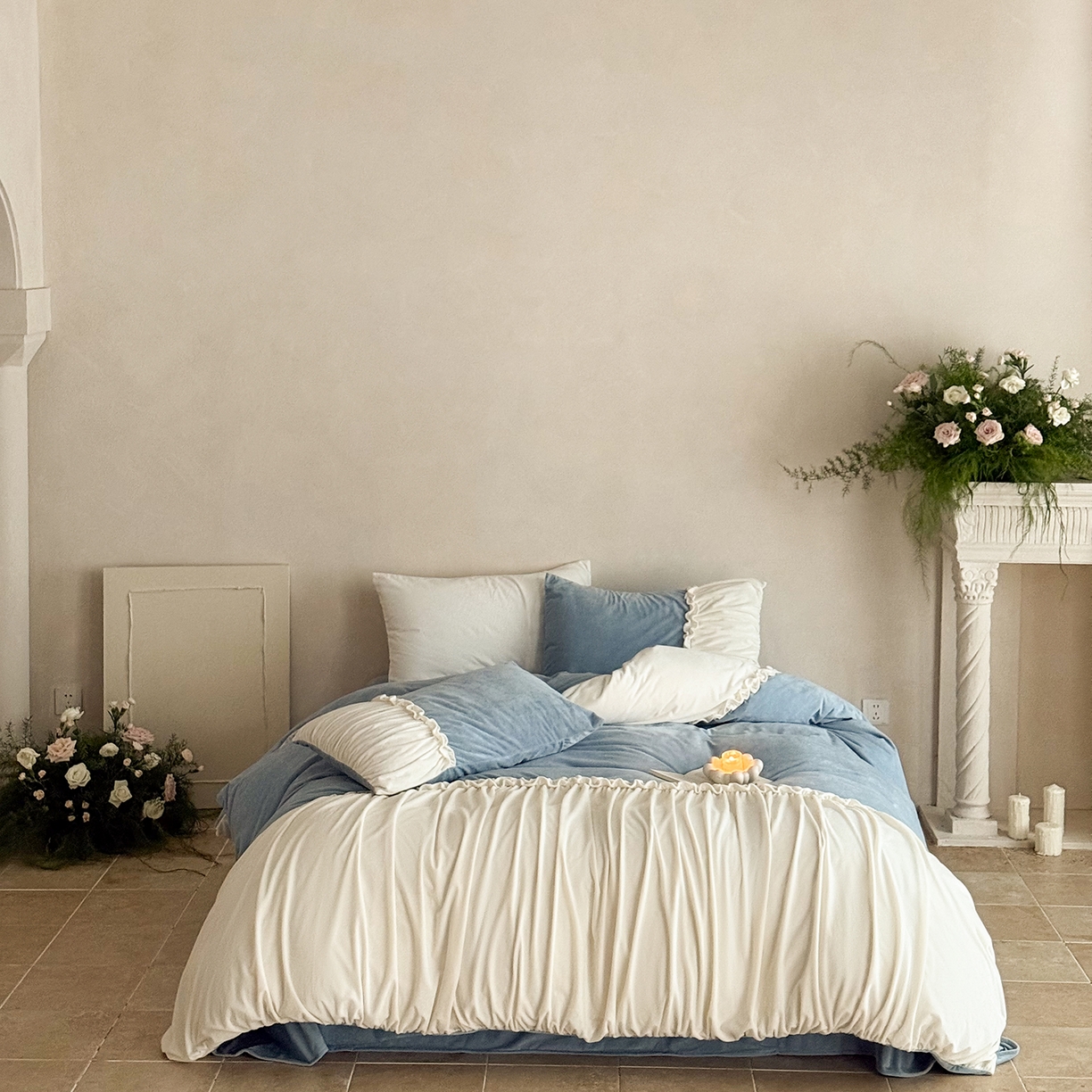 91家纺网 家纺一手货源 找家纺 ONE TWO ONE 121 2025新款轻奢新法式德芙绒宝宝绒婴儿绒短毛绒牛奶绒四件套床单被套-安妮 安妮-蓝