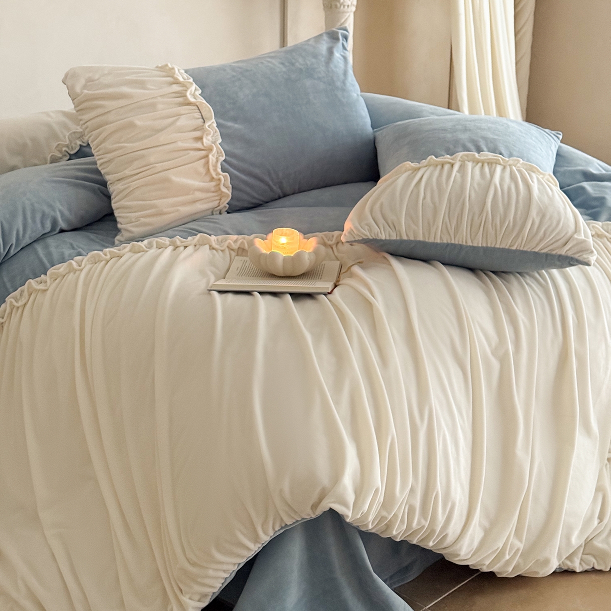 91家纺网 家纺一手货源 找家纺 ONE TWO ONE 121 2025新款轻奢新法式德芙绒宝宝绒婴儿绒短毛绒牛奶绒四件套床单被套-安妮 安妮-蓝