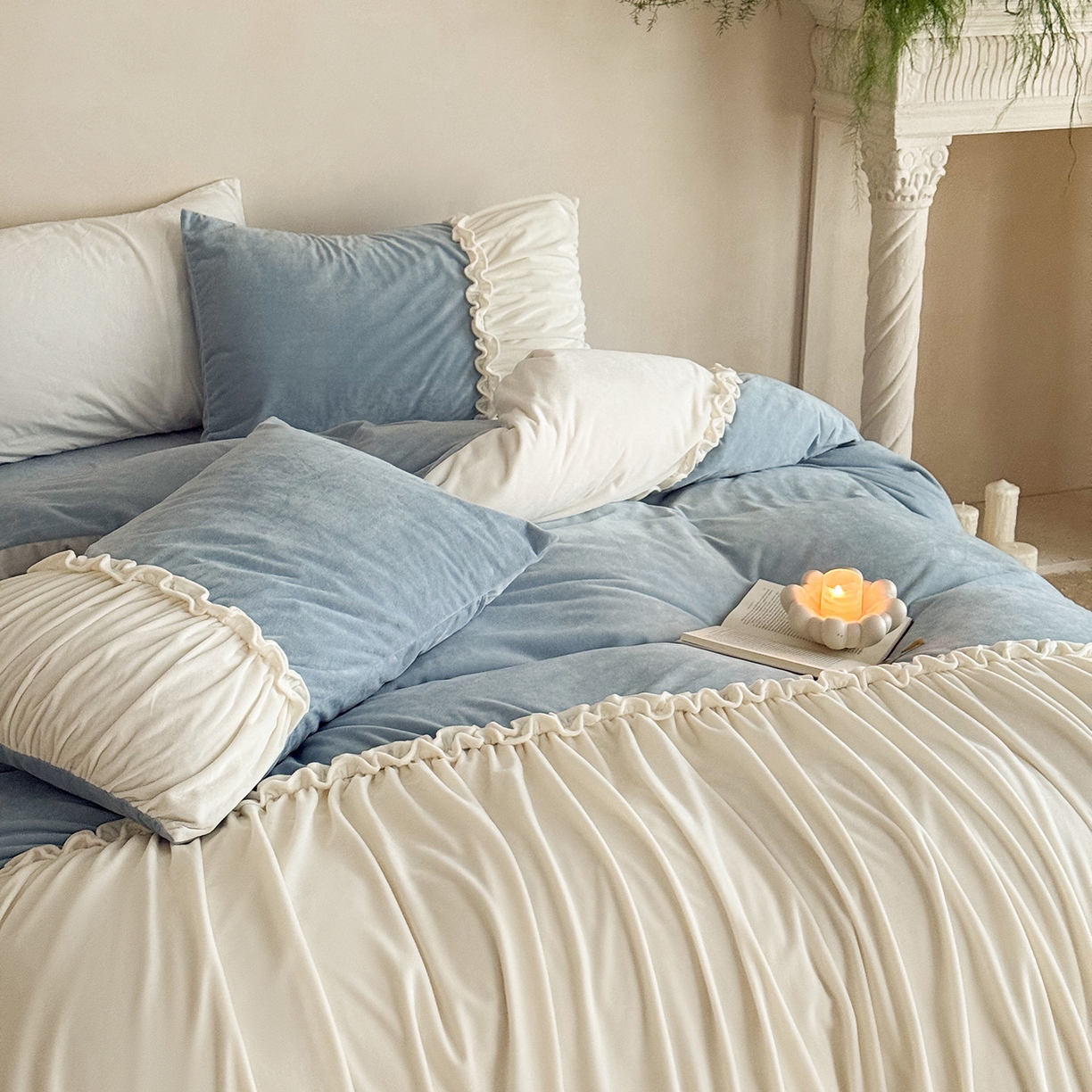 91家纺网 家纺一手货源 找家纺 ONE TWO ONE 121 2025新款轻奢新法式德芙绒宝宝绒婴儿绒短毛绒牛奶绒四件套床单被套-安妮 安妮-蓝