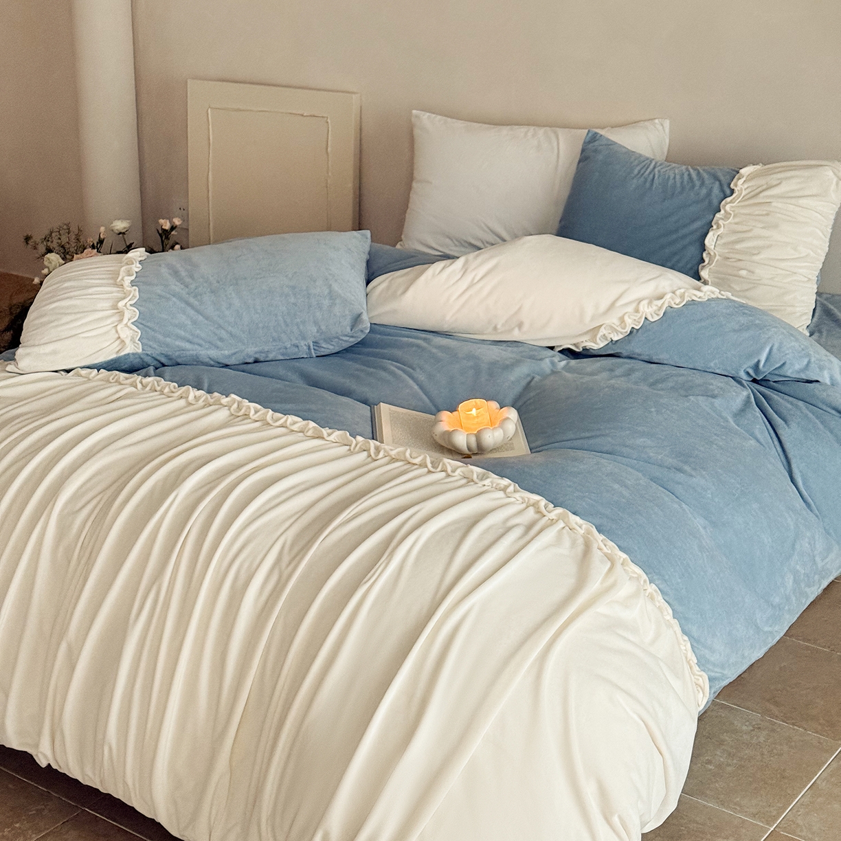 91家纺网 家纺一手货源 找家纺 ONE TWO ONE 121 2025新款轻奢新法式德芙绒宝宝绒婴儿绒短毛绒牛奶绒四件套床单被套-安妮 安妮-蓝