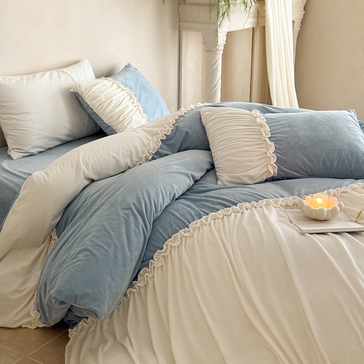 91家纺网 家纺一手货源 找家纺 ONE TWO ONE 121 2025新款轻奢新法式德芙绒宝宝绒婴儿绒短毛绒牛奶绒四件套床单被套-安妮 安妮-蓝