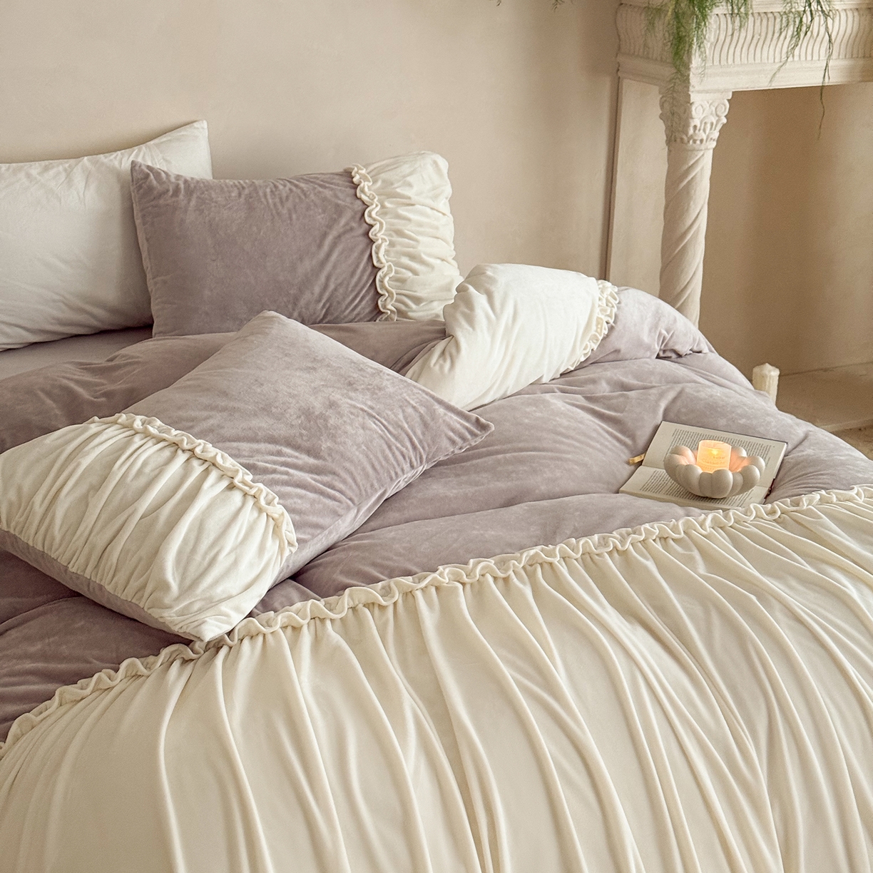 91家纺网 家纺一手货源 找家纺 ONE TWO ONE 121 2025新款轻奢新法式德芙绒宝宝绒婴儿绒短毛绒牛奶绒四件套床单被套-安妮 安妮-紫