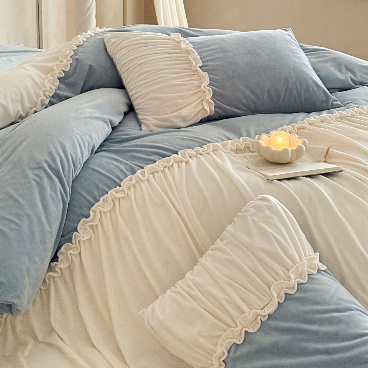 91家纺网 家纺一手货源 找家纺 ONE TWO ONE 121 2025新款轻奢新法式德芙绒宝宝绒婴儿绒短毛绒牛奶绒四件套床单被套-安妮 安妮-蓝