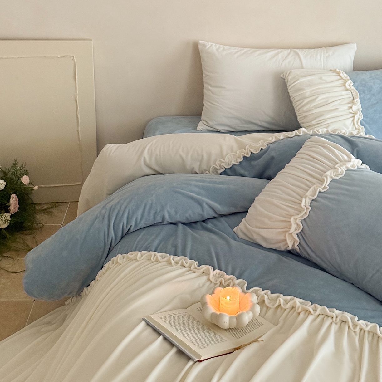 91家纺网 家纺一手货源 找家纺 ONE TWO ONE 121 2025新款轻奢新法式德芙绒宝宝绒婴儿绒短毛绒牛奶绒四件套床单被套-安妮 安妮-蓝