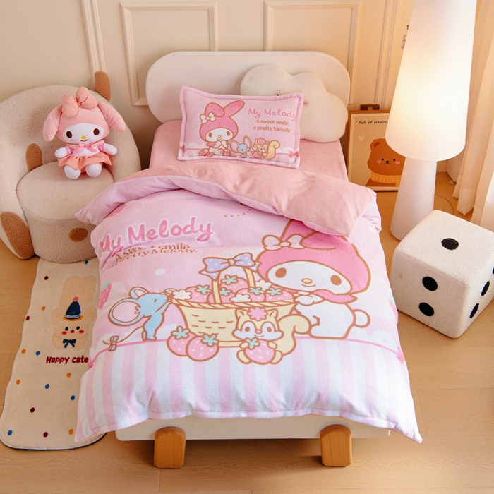 吉咪兔家纺 2025新款大版三丽鸥库洛米美乐蒂牛奶绒幼儿园被子三件套保暖被褥六件套 草莓美乐蒂