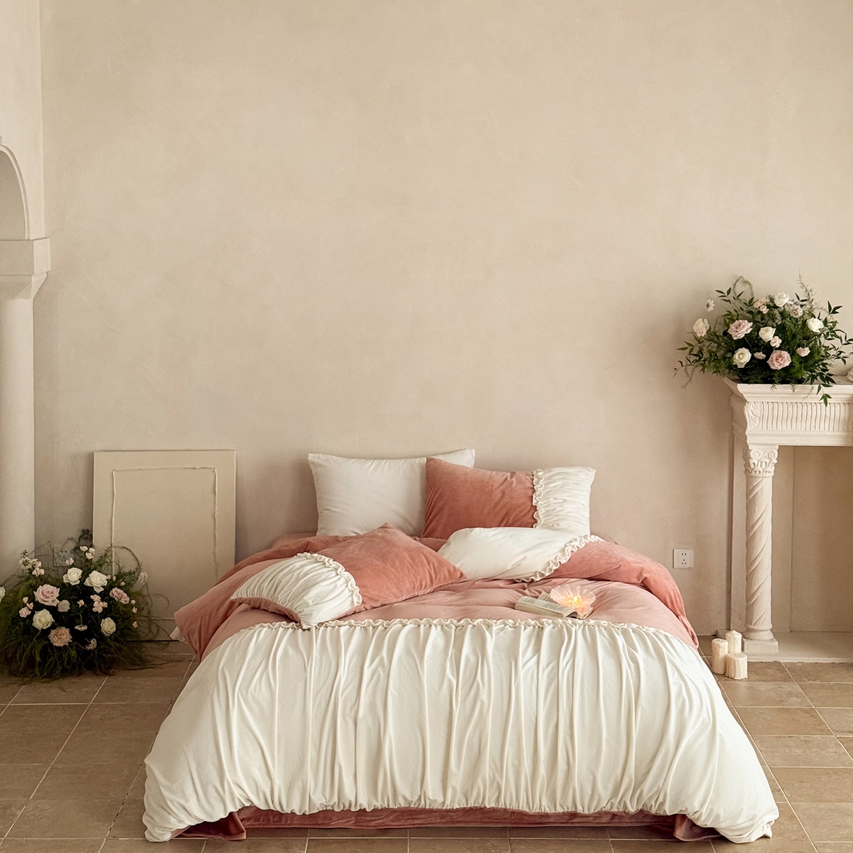 91家纺网 家纺一手货源 找家纺 ONE TWO ONE 121 2025新款轻奢新法式德芙绒宝宝绒婴儿绒短毛绒牛奶绒四件套床单被套-安妮 安妮-粉