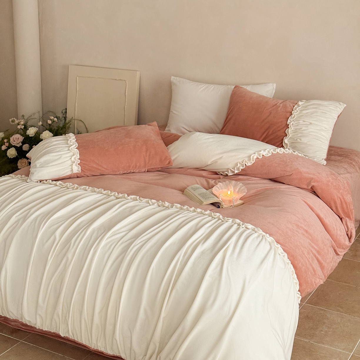 91家纺网 家纺一手货源 找家纺 ONE TWO ONE 121 2025新款轻奢新法式德芙绒宝宝绒婴儿绒短毛绒牛奶绒四件套床单被套-安妮 安妮-粉