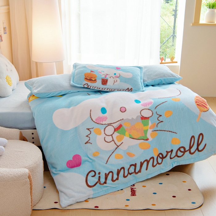 91家纺网 家纺一手货源 找家纺 吉咪兔家纺 2025新款大版三丽鸥库洛米美乐蒂牛奶绒幼儿园被子三件套保暖被褥六件套 汉堡玉桂狗