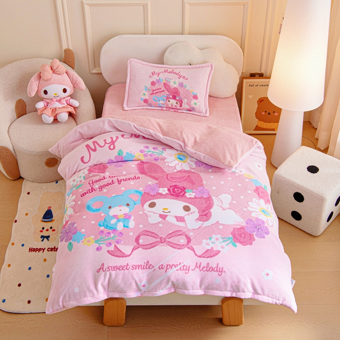 吉咪兔家纺 2025新款大版三丽鸥库洛米美乐蒂牛奶绒幼儿园被子三件套保暖被褥六件套 花花美乐蒂