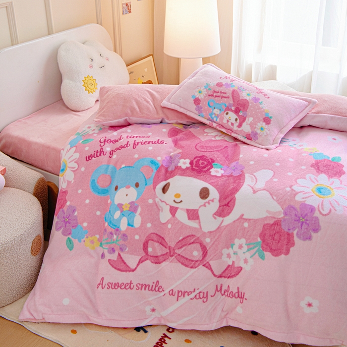 91家纺网 家纺一手货源 找家纺 吉咪兔家纺 2025新款大版三丽鸥库洛米美乐蒂牛奶绒幼儿园被子三件套保暖被褥六件套 花花美乐蒂