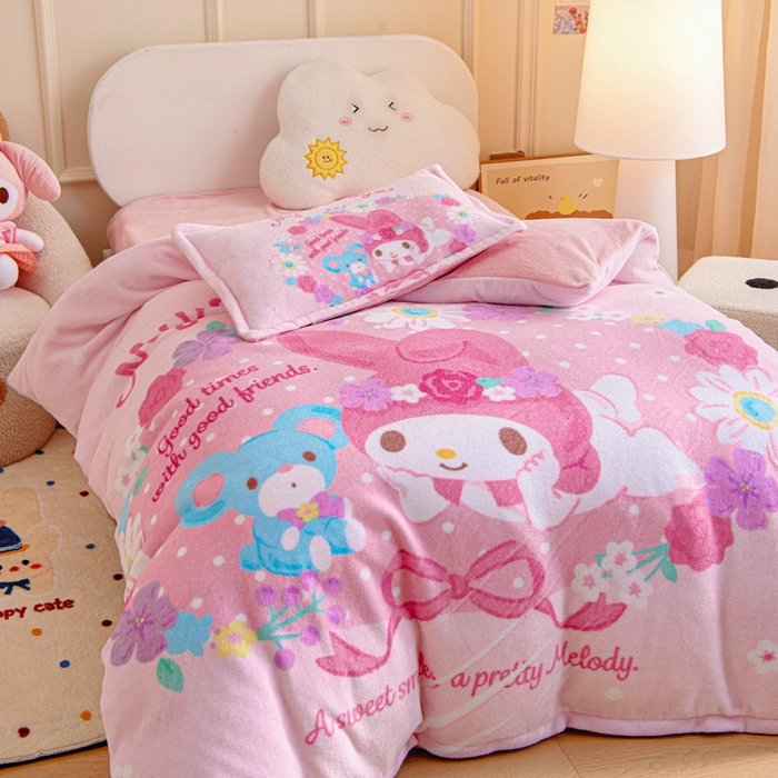 91家纺网 家纺一手货源 找家纺 吉咪兔家纺 2025新款大版三丽鸥库洛米美乐蒂牛奶绒幼儿园被子三件套保暖被褥六件套 花花美乐蒂