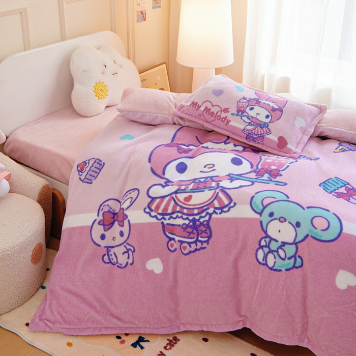 91家纺网 家纺一手货源 找家纺 吉咪兔家纺 2025新款大版三丽鸥库洛米美乐蒂牛奶绒幼儿园被子三件套保暖被褥六件套 奶茶美乐蒂