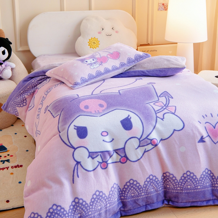 91家纺网 家纺一手货源 找家纺 吉咪兔家纺 2025新款大版三丽鸥库洛米美乐蒂牛奶绒幼儿园被子三件套保暖被褥六件套 气球库洛米