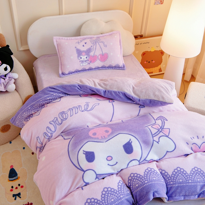 91家纺网 家纺一手货源 找家纺 吉咪兔家纺 2025新款大版三丽鸥库洛米美乐蒂牛奶绒幼儿园被子三件套保暖被褥六件套 气球库洛米