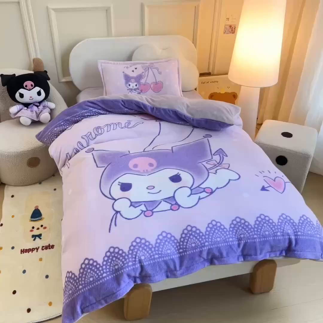91家纺网 家纺一手货源 找家纺 吉咪兔家纺 2025新款大版三丽鸥库洛米美乐蒂牛奶绒幼儿园被子三件套保暖被褥六件套 气球库洛米