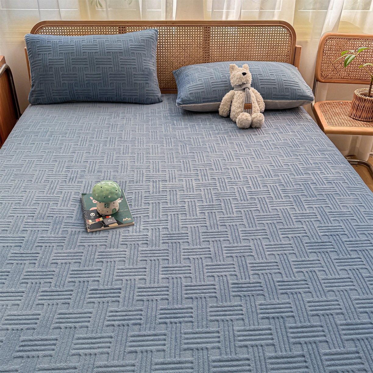 91家纺网 家纺一手货源 找家纺 灰鲸 2025新款纯色简约高克重雕花牛奶绒单品床笠 糖果格-宾利蓝