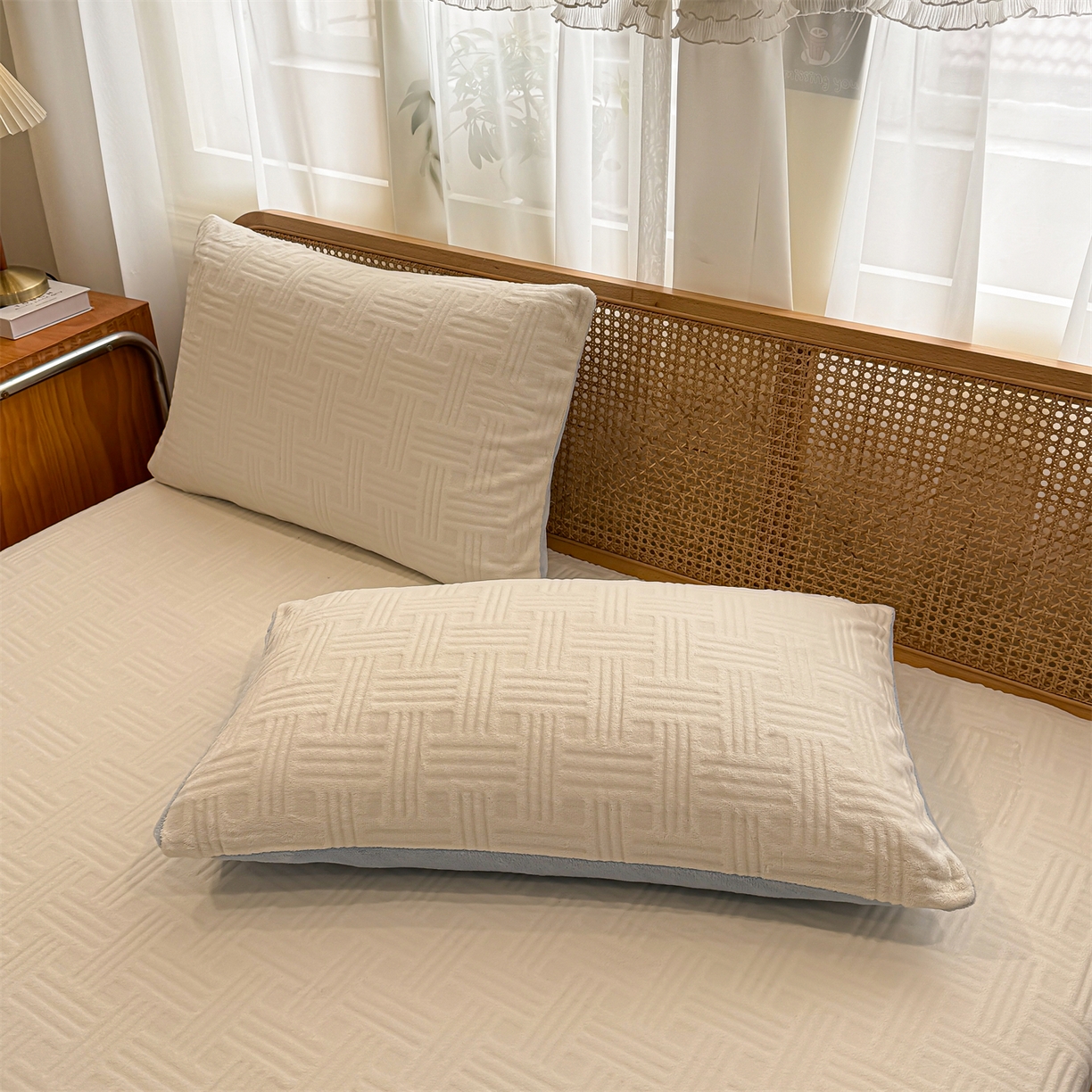 91家纺网 家纺一手货源 找家纺 灰鲸 2025新款纯色简约高克重雕花牛奶绒单品床笠 糖果格-奶昔白