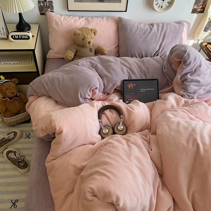 91家纺网 家纺一手货源 找家纺 （总）原素 2025秋冬加厚双拼纯色牛奶绒四件套