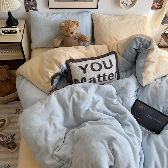 原素 2025秋冬加厚双拼纯色牛奶绒四件套 牛奶绒-浅蓝奶黄