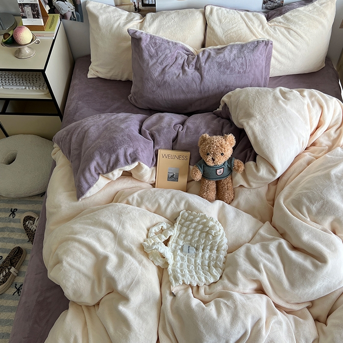 原素 2025秋冬加厚双拼纯色牛奶绒四件套 牛奶绒-白桃香芋紫